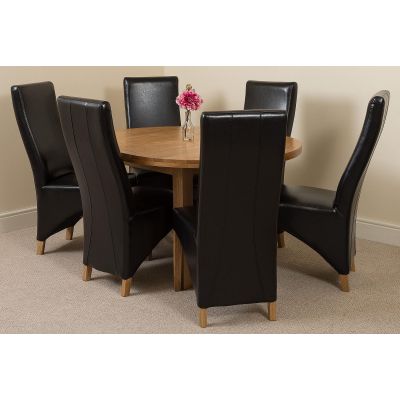 Edmonton Round Extendable Oak Dining Set with 6 Lola Brown Leather Chairs