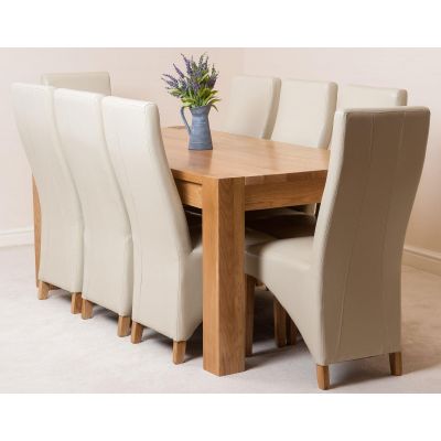 Kuba Large Oak Dining Table with 8 Lola Ivory Leather Chairs