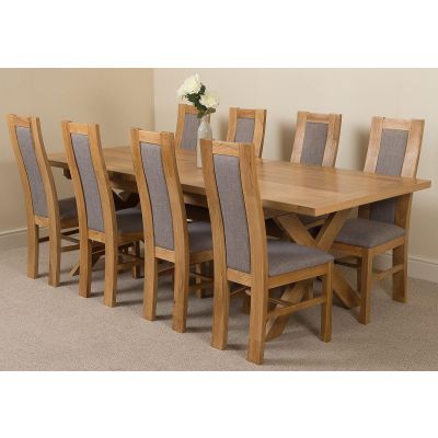 Vermont Cross Leg Oak Extending Dining Table with 8 Stanford Oak Dining Chairs