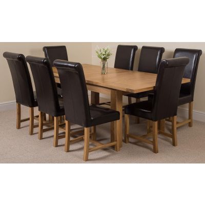 Seattle Oak Extending Dining Table and 8 Washington Brown Leather Dining Chairs