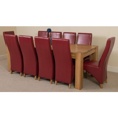 Kuba Extra Large Oak Dining Table with 10 Lola Burgundy Leather Chairs