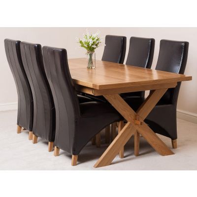 Vermont Cross Leg Oak Extending Dining Table with 6 Lola Brown Leather Dining Chairs