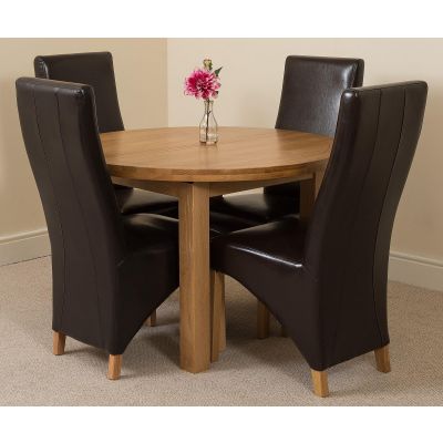 Edmonton Round Extendable Oak Dining Set with 4 Lola Black Leather Chairs