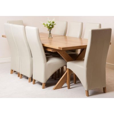 Vermont Cross Leg Oak Extending Dining Table with 8 Lola Ivory Leather Dining Chairs