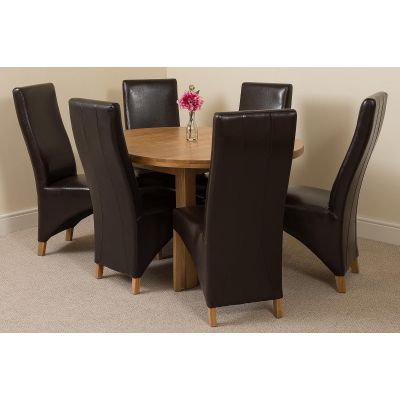 Edmonton Round Extendable Oak Dining Set with 6 Lola Black Leather Chairs