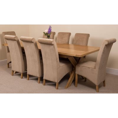 Vermont Cross Leg Oak Extending Dining Table with 8 Montana Beige Fabric Dining Chairs