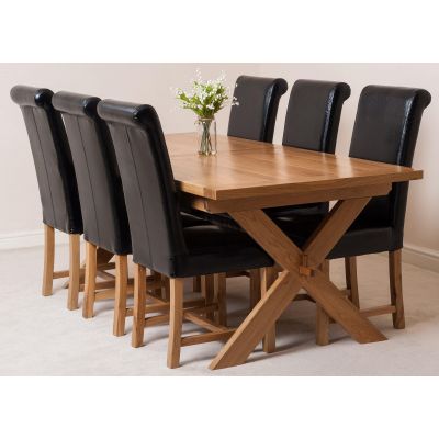 Vermont Cross Leg Oak Extending Dining Table with 6 Washington Black Leather Dining Chairs