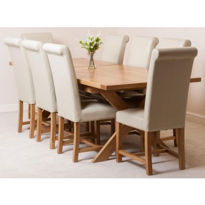 Vermont Cross Leg Oak Extending Dining Table with 8 Washington Ivory Leather Dining Chairs