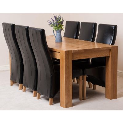 Kuba Large Oak Dining Table with 6 Lola Black Leather Chairs