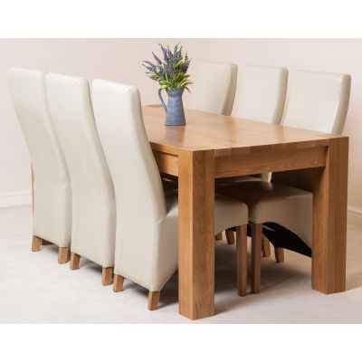 Kuba Large Oak Dining Table with 6 Lola Ivory Leather Chairs