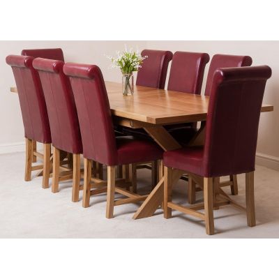 Vermont Cross Leg Oak Extending Dining Table with 8 Washington Burgundy Leather Dining Chairs