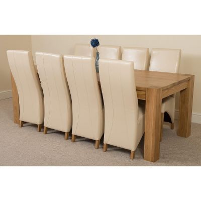 Kuba Extra Large Oak Dining Table with 8 Lola Ivory Leather Chairs