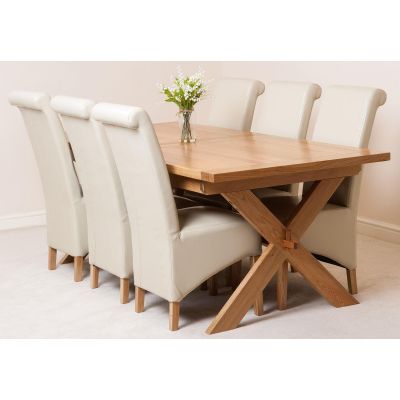 Vermont Cross Leg Oak Extending Dining Table with 6 Montana Ivory Leather Dining Chairs