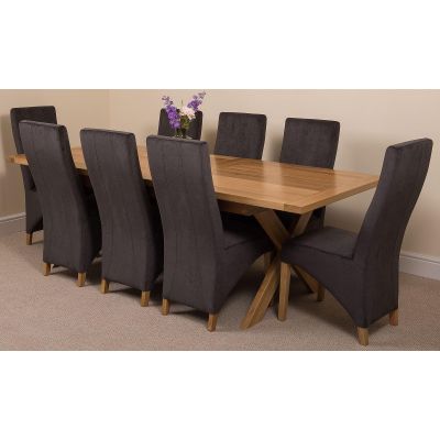Vermont Cross Leg Oak Extending Dining Table with 8 Lola Black Fabric Chairs