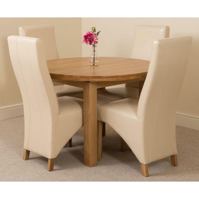 Edmonton Round Extendable Oak Dining Set with 4 Lola Ivory Leather Chairs