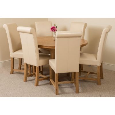 Edmonton Round Extendable Oak Dining Set with 6 Washington Ivory Leather Chairs