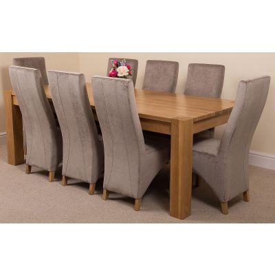 Kuba Extra Large Oak Dining Table with 8 Lola Grey Fabric Chairs