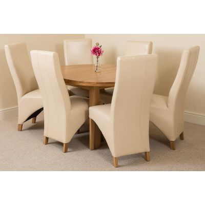 Edmonton Round Extendable Oak Dining Set with 6 Lola Ivory Leather Chairs
