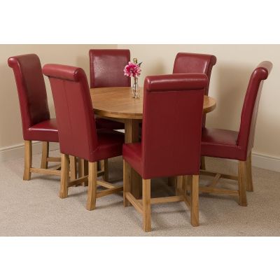 Edmonton Round Extendable Oak Dining Set with 6 Washington Burgundy Leather Chairs