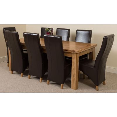 Richmond Large Oak Extending Dining Table with 8 Lola Brown Leather Dining Chairs