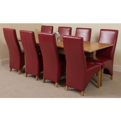 Richmond Medium Oak Extendable Dining Table with 8 Lola Burgundy Leather Dining Chairs