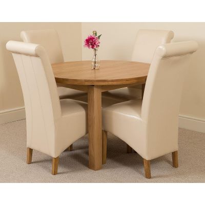 Edmonton Round Extendable Oak Dining Set with 4 Montana Ivory Leather Chairs