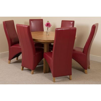 Edmonton Round Extendable Oak Dining Set with 6 Lola Burgundy Leather Chairs