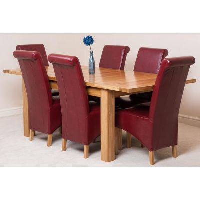 Seattle Oak Extending Dining Table and 6 Montana Burgundy Leather Dining Chairs