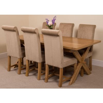 Vermont Cross Leg Oak Extending Dining Table with 6 Washington Beige Fabric Dining Chairs