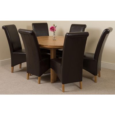 Edmonton Round Extendable Oak Dining Set with 6 Montana Black Leather Chairs
