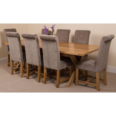 Vermont Cross Leg Oak Extending Dining Table with 8 Washington Grey Fabric Dining Chairs