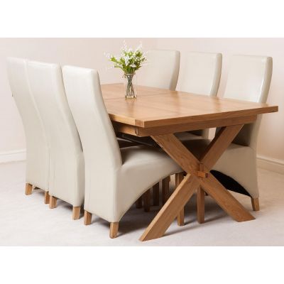 Vermont Cross Leg Oak Extending Dining Table with 6 Lola Ivory Leather Dining Chairs