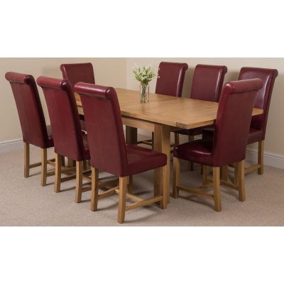Seattle Oak Extending Dining Table and 8 Washington Burgundy Leather Dining Chairs