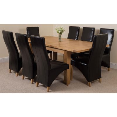 Seattle Oak Extending Dining Table and 8 Lola Black Leather Dining Chairs