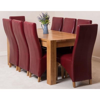 Kuba Large Oak Dining Table with 8 Lola Burgundy Leather Chairs