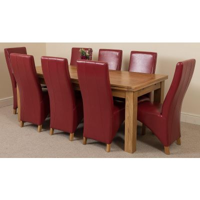 Richmond Large Oak Extending Dining Table with 8 Lola Burgundy Leather Dining Chairs