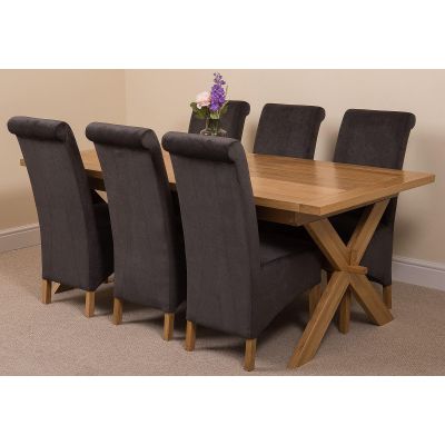 Vermont Cross Leg Oak Extending Dining Table with 6 Montana Black Fabric Chairs