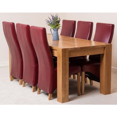 Kuba Large Oak Dining Table with 6 Lola Burgundy Leather Chairs