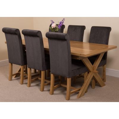 Vermont Cross Leg Oak Extending Dining Table with 6 Washington Black Fabric Chairs