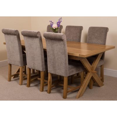Vermont Cross Leg Oak Extending Dining Table with 6 Washington Grey Fabric Dining Chairs