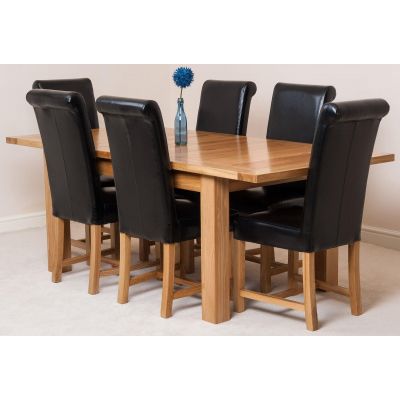 Seattle Oak Extending Dining Table and 6 Washington Black Leather Dining Chairs