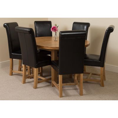 Edmonton Round Extendable Oak Dining Set with 6 Washington Black Leather Chairs
