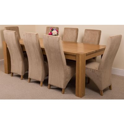 Kuba Extra Large Oak Dining Table with 8 Lola Beige Fabric Chairs