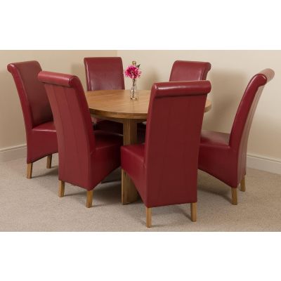 Edmonton Round Extendable Oak Dining Set with 6 Montana Burgundy Leather Chairs