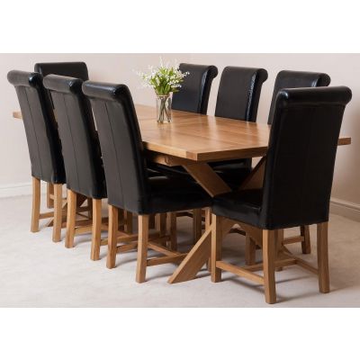 Vermont Cross Leg Oak Extending Dining Table with 8 Washington Black Leather Dining Chairs