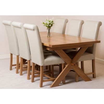 Vermont Cross Leg Oak Extending Dining Table with 6 Washington Ivory Leather Dining Chairs