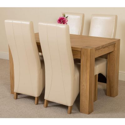 Kuba Small Oak Dining Table with 4 Ivory Lola Leather Chairs