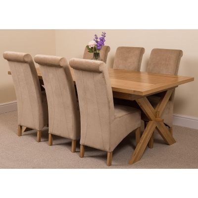 Vermont Cross Leg Oak Extending Dining Table with 6 Montana Beige Fabric Dining Chairs