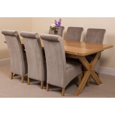 Vermont Cross Leg Oak Extending Dining Table with 6 Montana Grey Fabric Dining Chairs