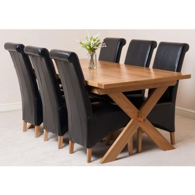Vermont Cross Leg Oak Extending Dining Table with 6 Montana Black Leather Dining Chairs
